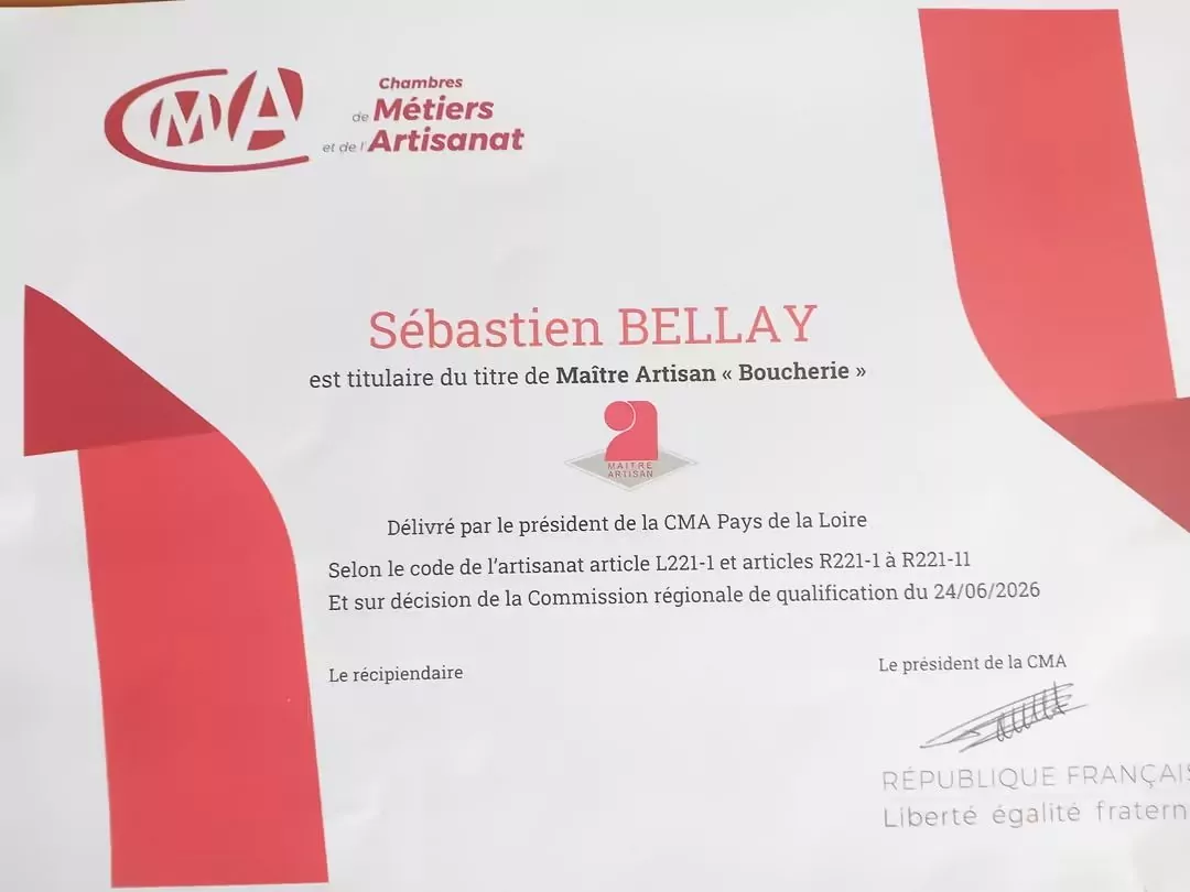 Le diplôme de Maître Artisan boucher de Sébastien Bellay